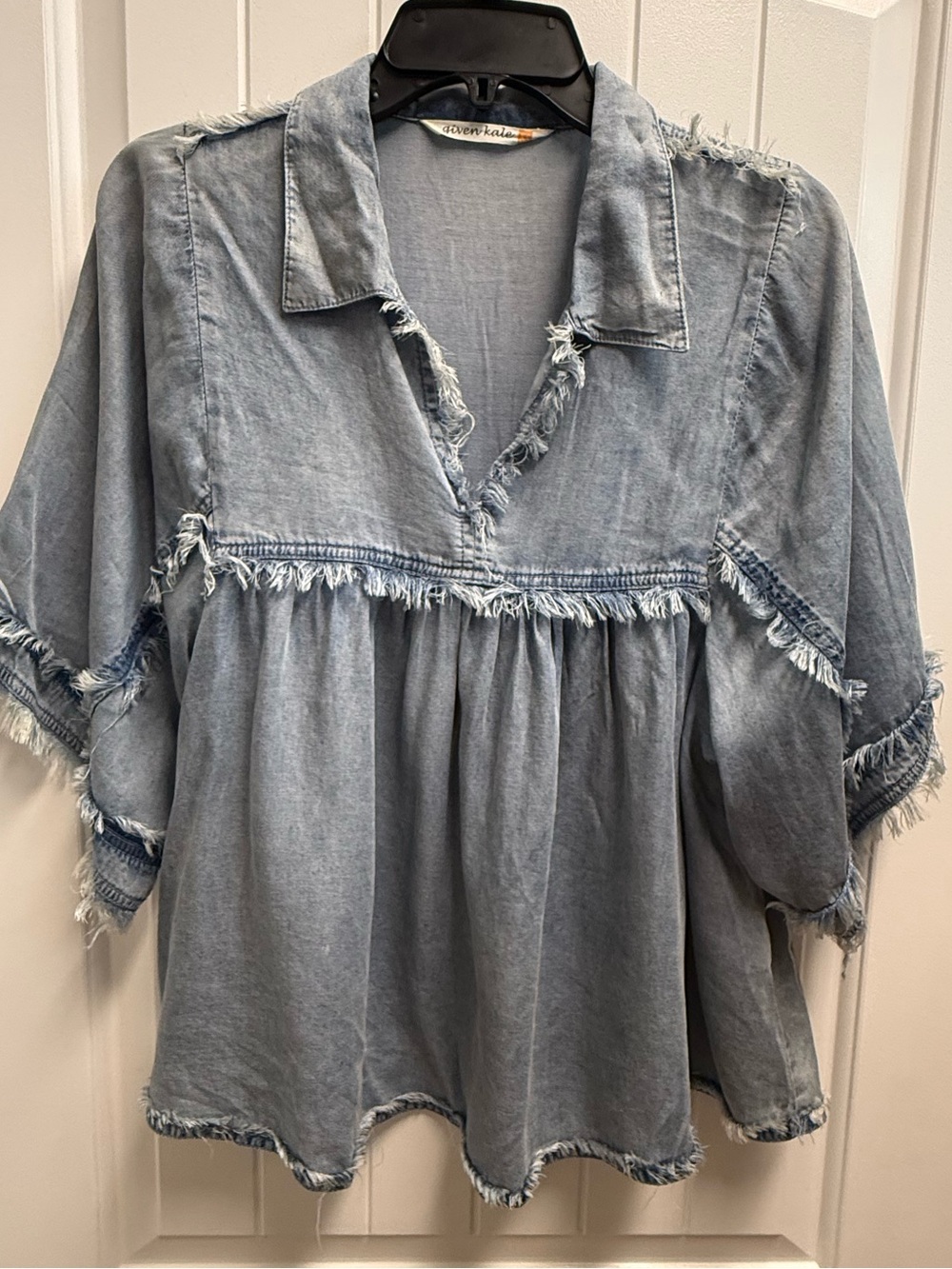 Given Kale XS denim boho festival tunic distressed raw edge fringe NWOT